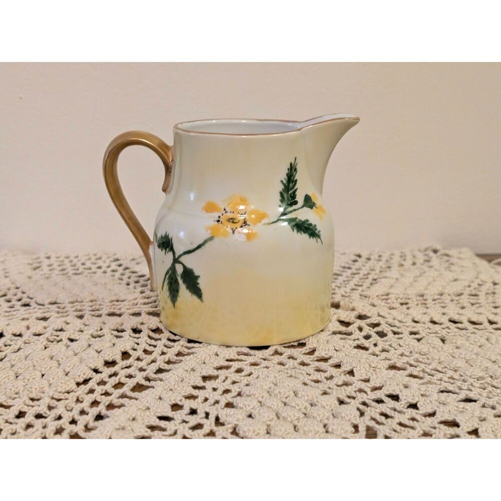 Antique Three Crown Hand Painted Yellow Flower Porcelain Pitcher